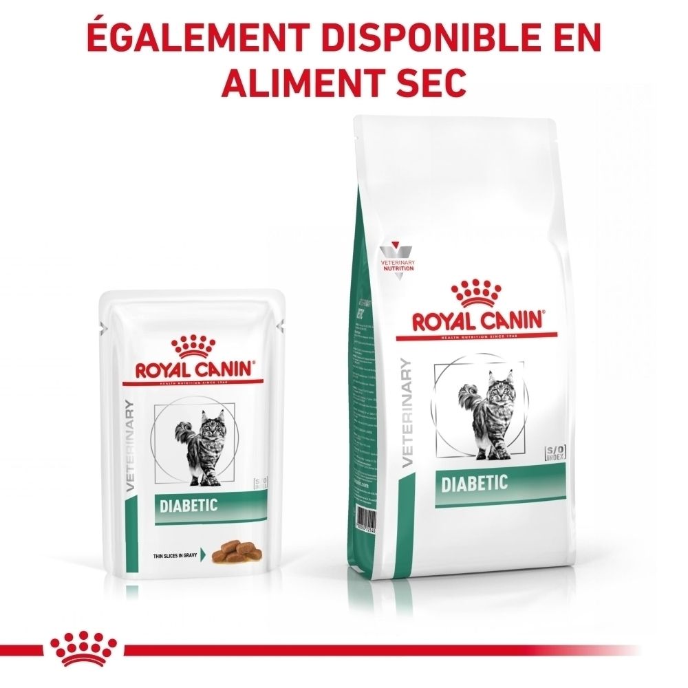 La nourriture Royal Canin Veterinary Diabetic pour chats est également disponible en alimentation sèche.