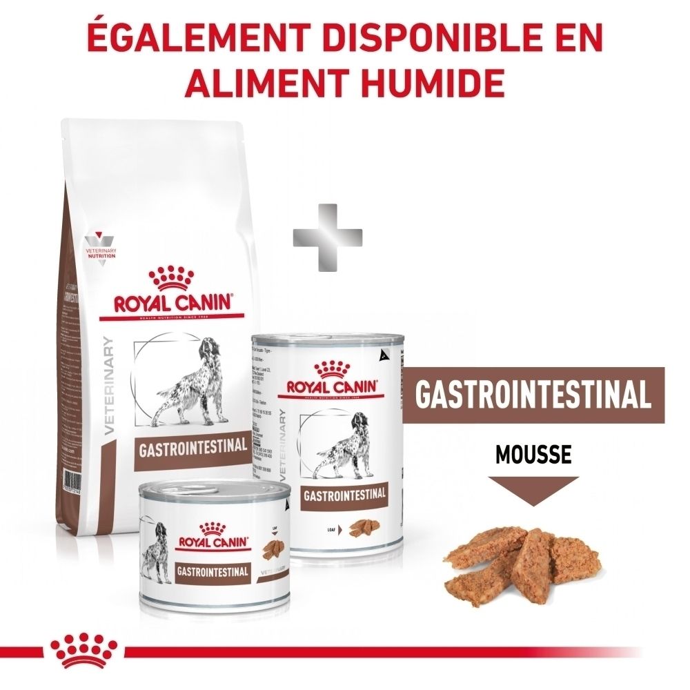 Graphique montrant les avantages du produit ROYAL CANIN Veterinary Gastrointestinal : soutien digestif, énergie, appétit.
