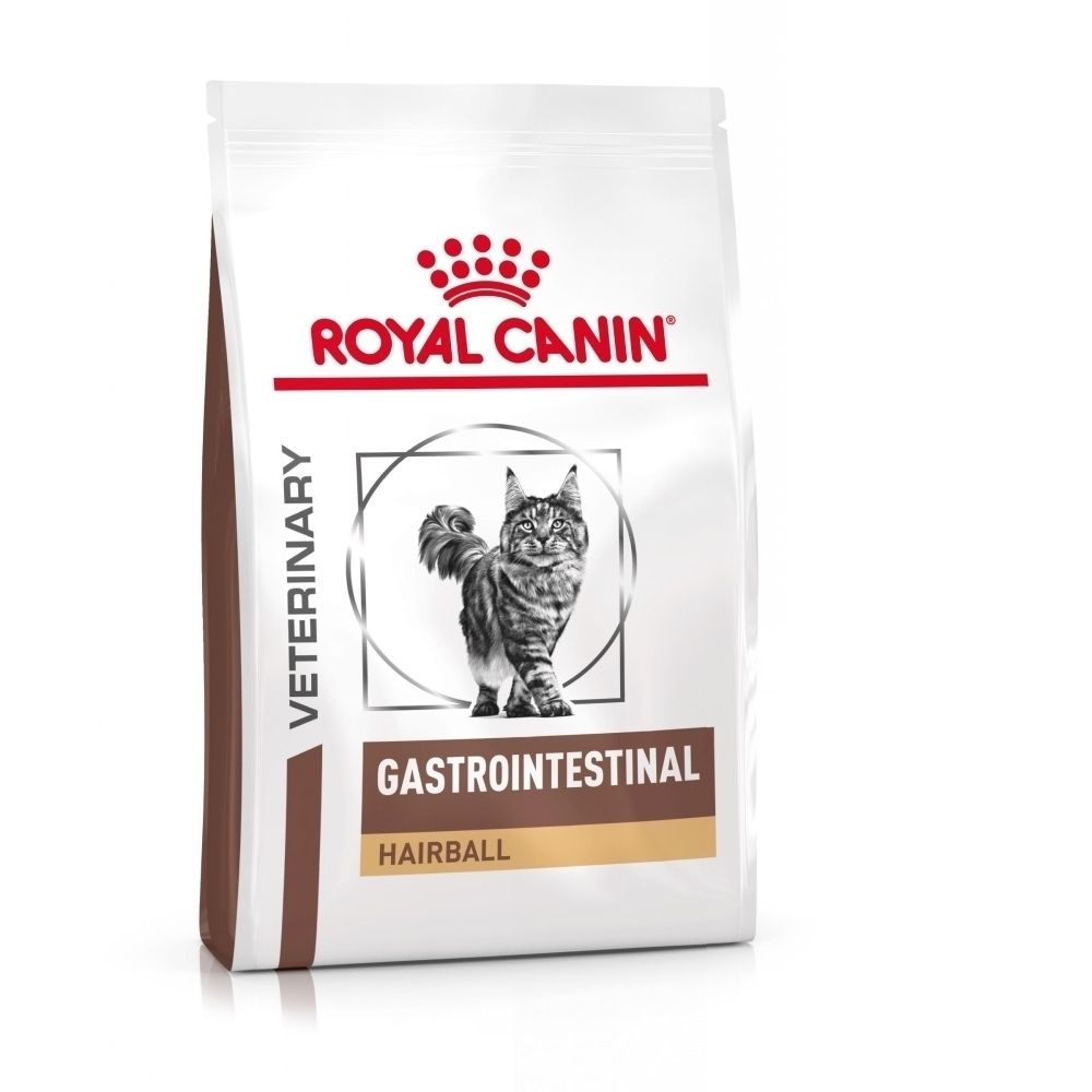 Royal Canin Gastrointestinal Hairball kattenvoer zak met kat.