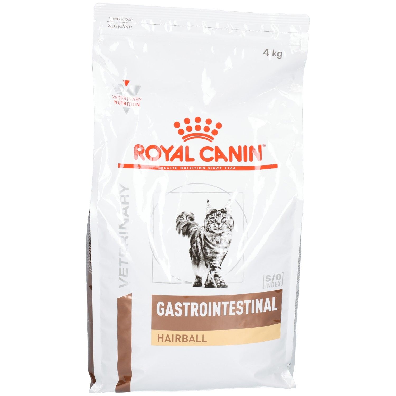 Royal Canin VET-C GI Hairball 4kg kattenvoer. Witte zak met productafbeelding van een kat en productinformatie.