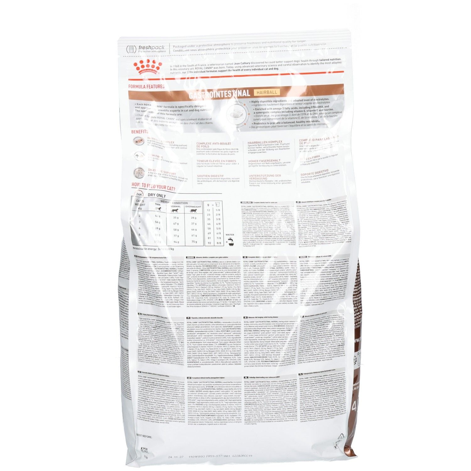 Achterkant van de Royal Canin VET-C GI Hairball 4kg kattenvoerzak met gedetailleerde productinformatie en voedingswaarden.