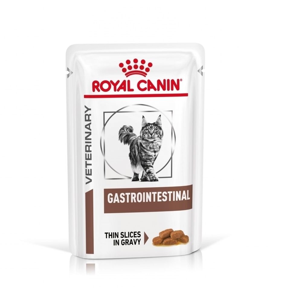 Zakje Royal Canin Veterinary Gastrointestinal met kattenafbeelding en productinformatie.