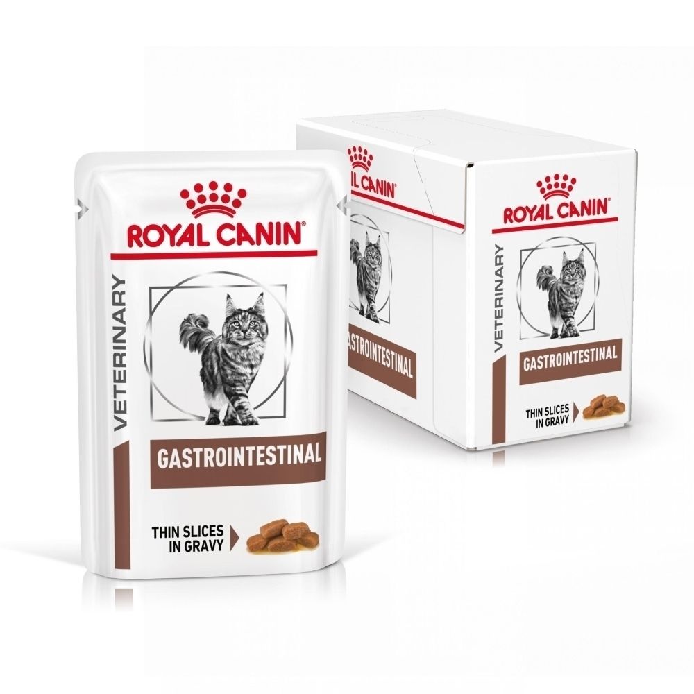 Zakje en doos Royal Canin Veterinary Gastrointestinal met kattenafbeelding.