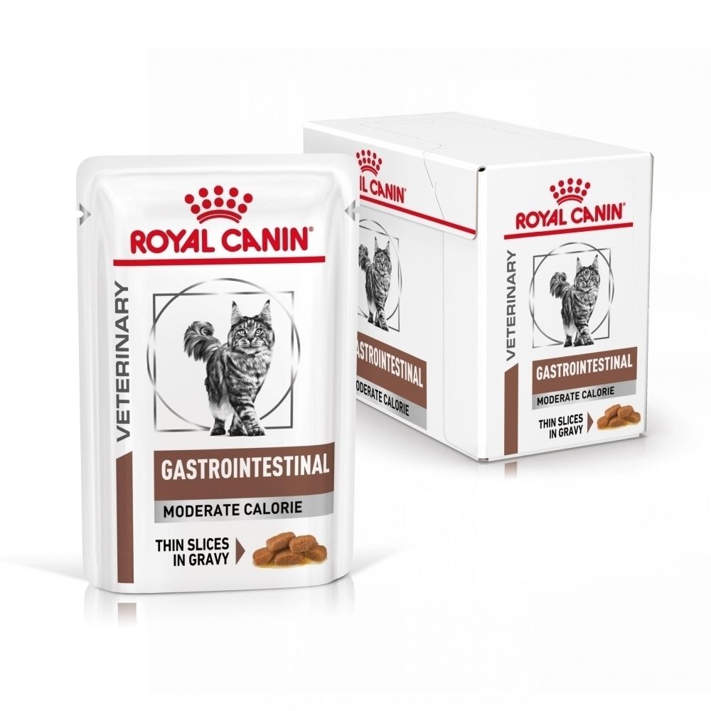 Doos met 12 zakjes Royal Canin Gastrointestinal Moderate Calorie.
