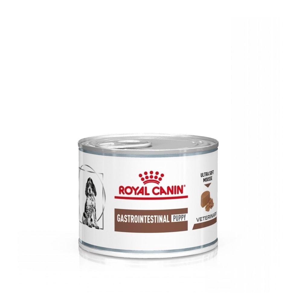 Une boîte de ROYAL CANIN Veterinary Puppy Gastrointestinal avec un motif de chien.