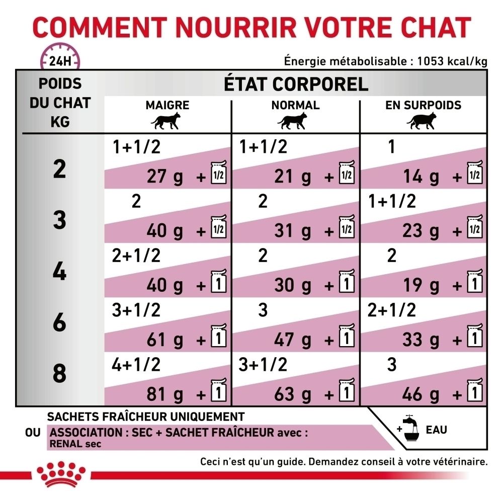 Nourriture vétérinaire Royal Canin Renal pour chats, sachet de 85g.