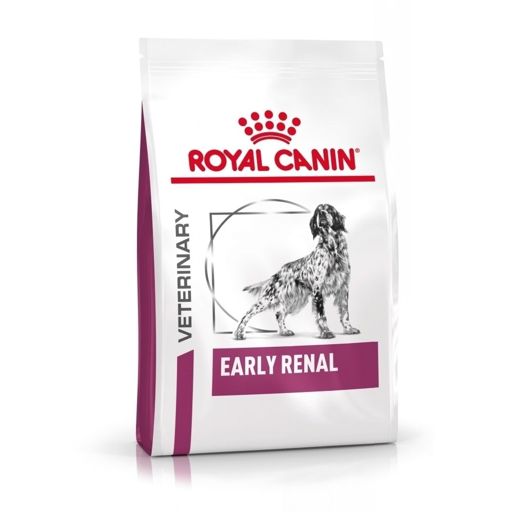 Avant d'un sac de 14 kg de nourriture Royal Canin Veterinary Early Renal pour chien avec image de chien.