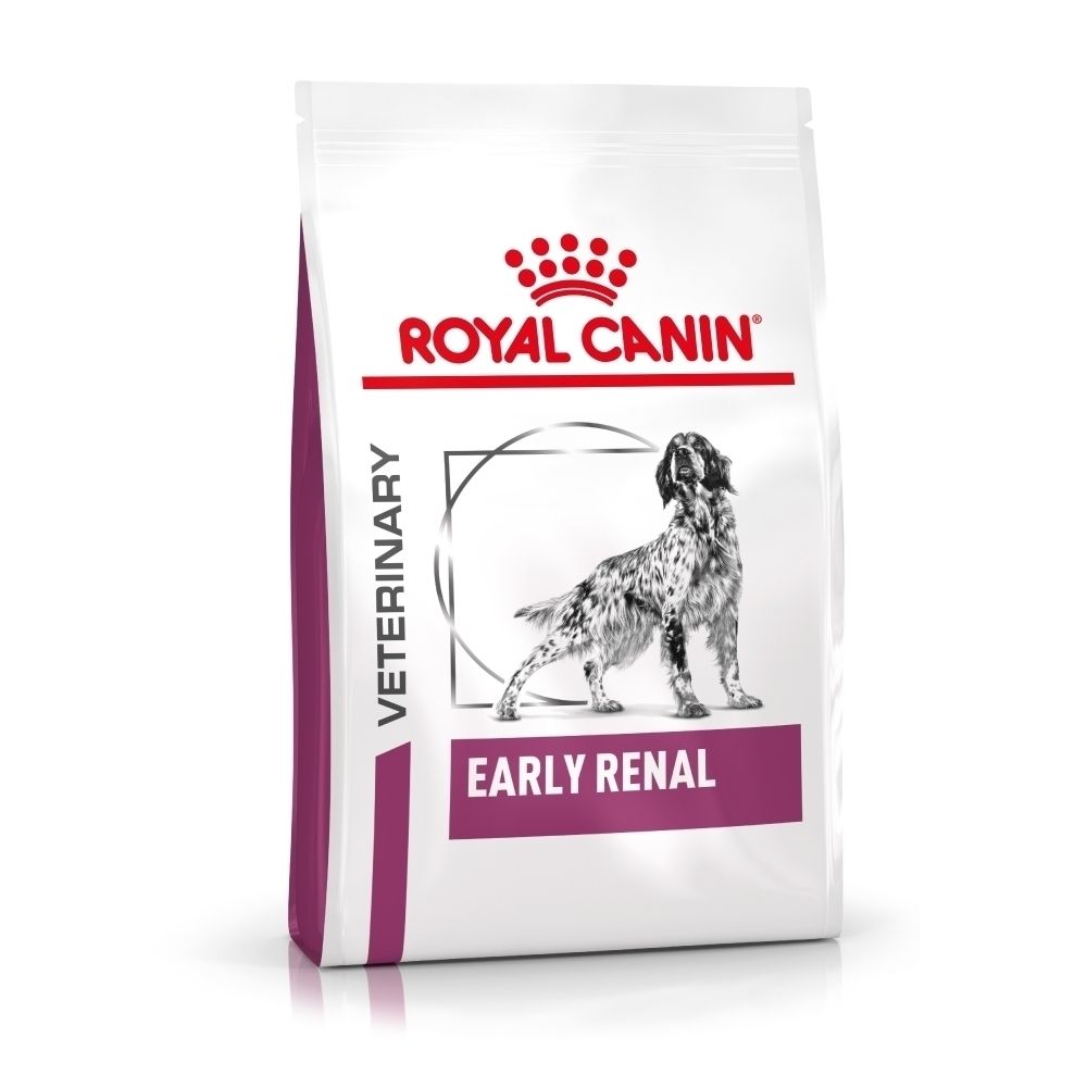 Voorkant van een 14 kg zak Royal Canin Veterinary Early Renal hondenvoer met hondafbeelding.