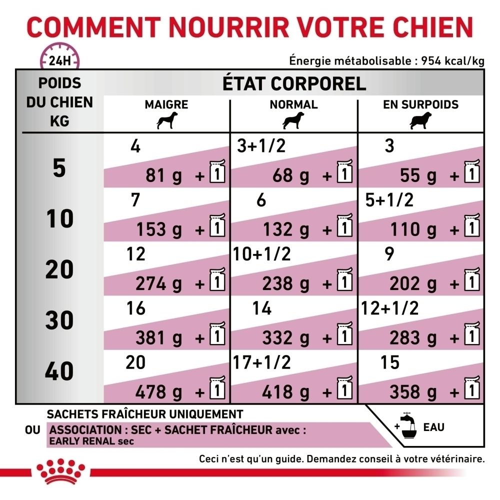 Royal Canin Veterinary Early Renal : Recommandations nutritionnelles selon le poids et la condition du chien.