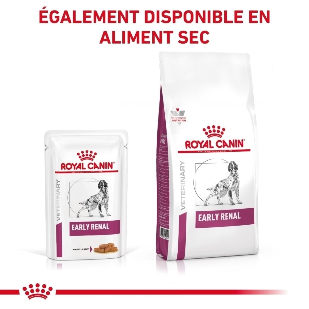 Royal Canin Veterinary Early Renal : Emballage et sachet individuel avec image de chien et nom du produit.