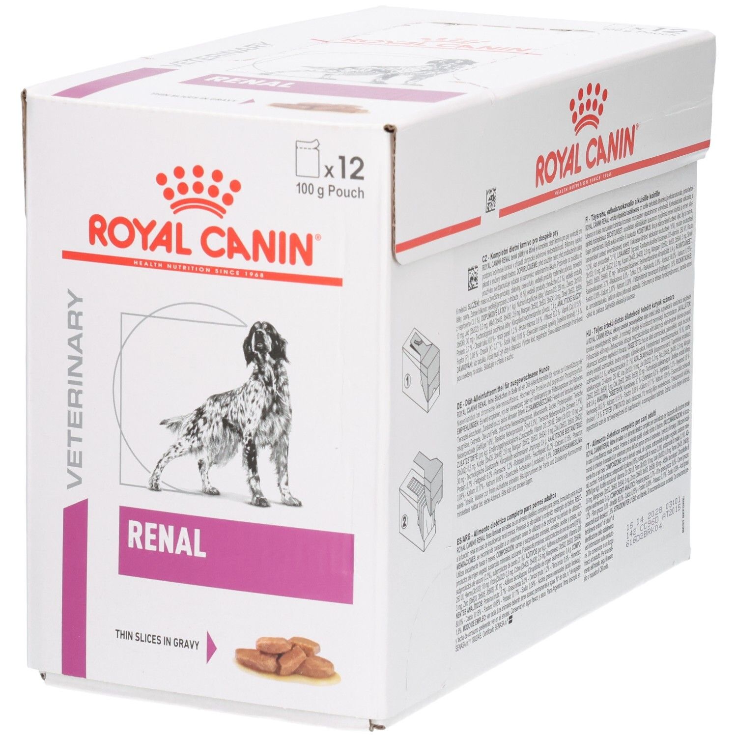 Boîte Royal Canin Veterinary Renal de 12 sachets de 100g. Image de chien et du produit.