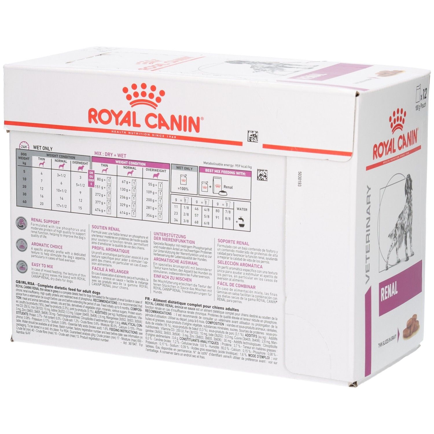 Arrière de l'emballage Royal Canin Renal avec tableaux d'alimentation et informations produit.