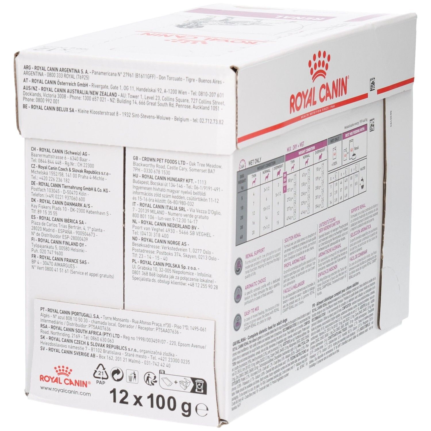 Vue latérale de l'emballage Royal Canin Renal avec informations d'adresse et aperçu du produit.
