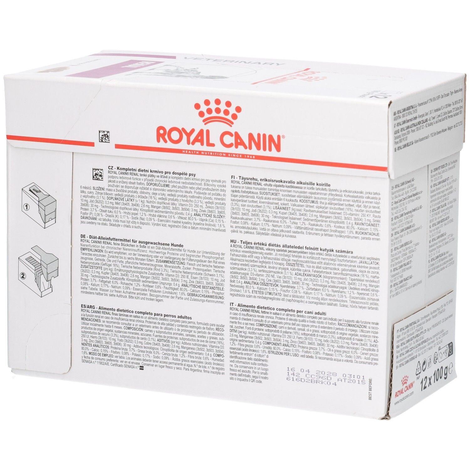 Vue latérale de l'emballage Royal Canin Renal avec informations détaillées sur le produit en plusieurs langues.