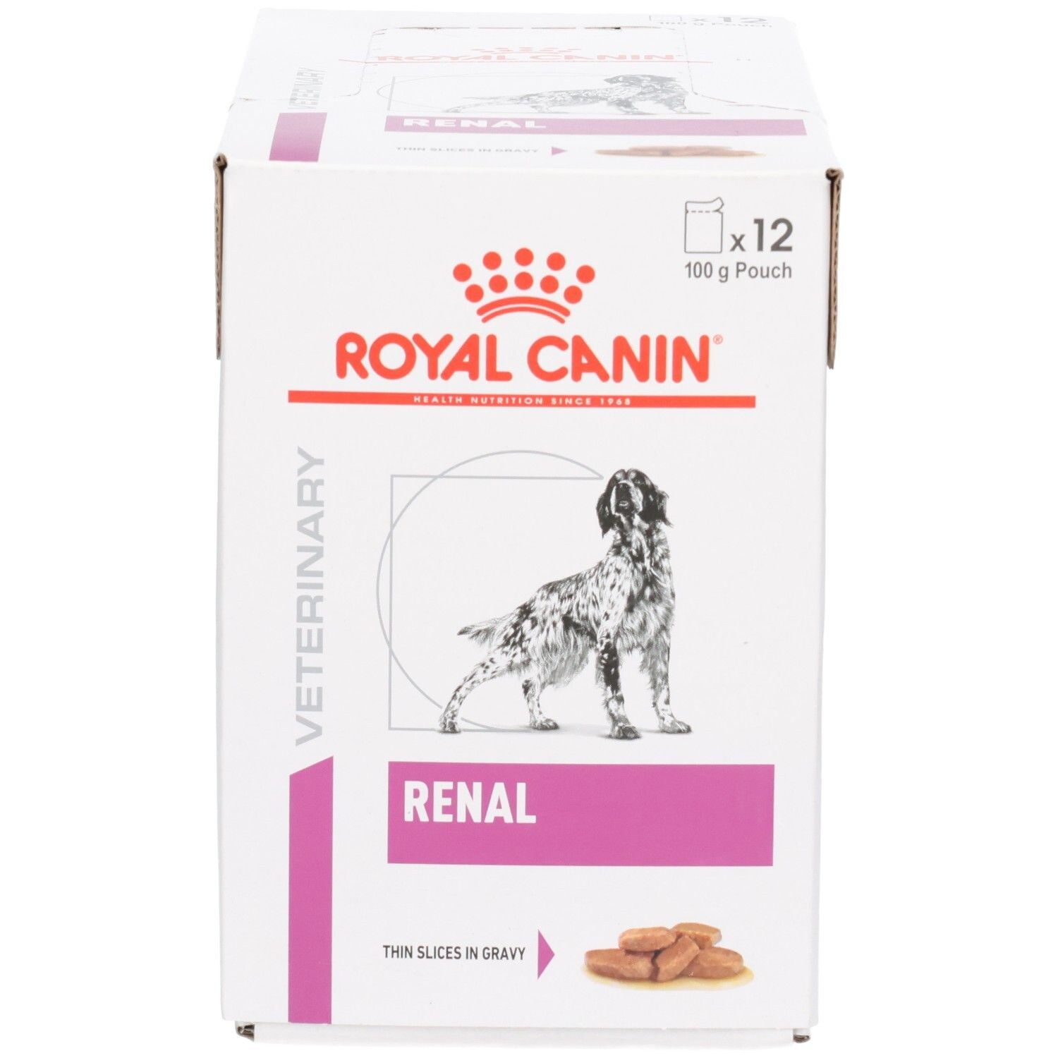 Face avant de l'emballage Royal Canin Veterinary Renal avec image de chien et du produit.