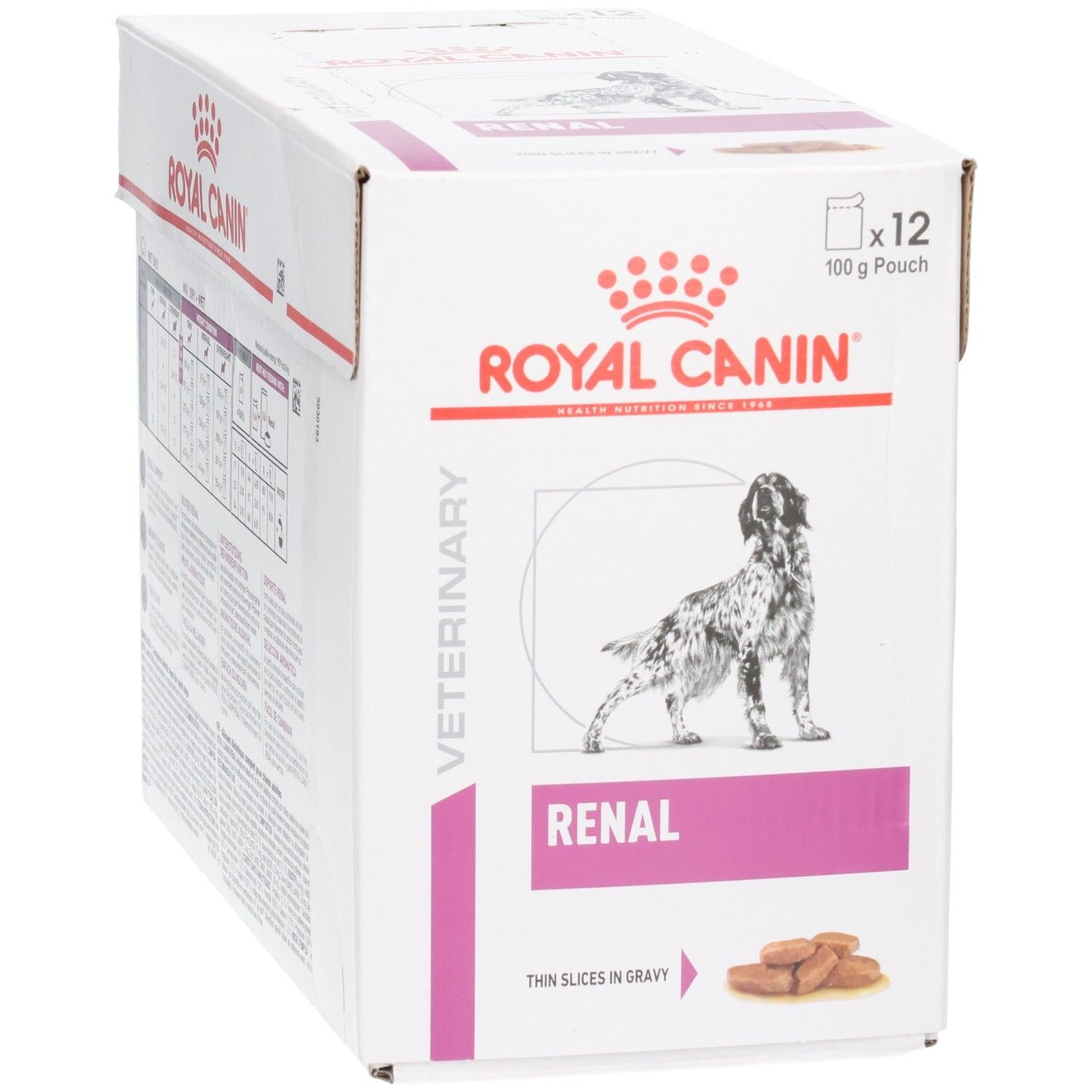 Boîte Royal Canin Veterinary Renal, vue de trois quarts avant. Contient 12 sachets de 100g.