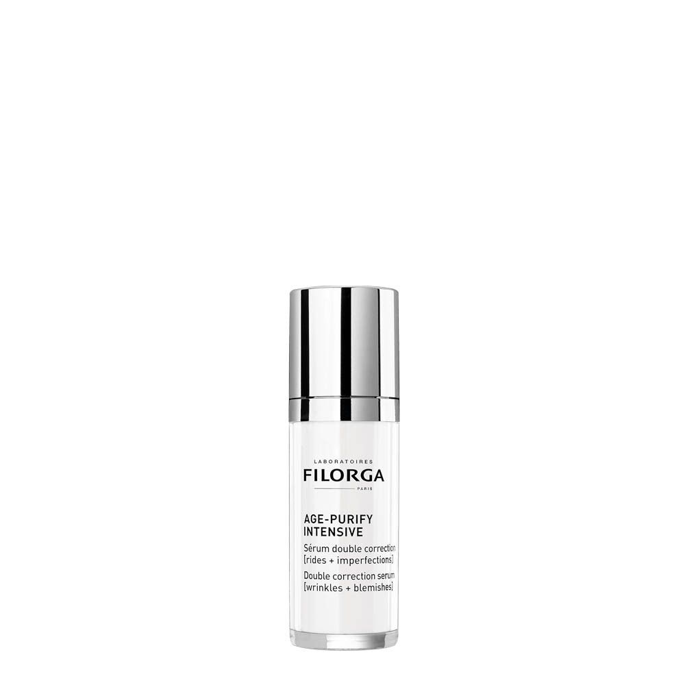 Flacon FILORGA Age-Purify Intense Serum. Bouchon argenté, étiquette blanche. Texte: Sérum double correction.
