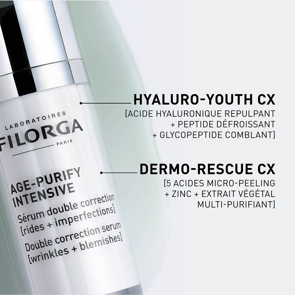 Gros plan sur le flacon FILORGA Age-Purify Intense Serum. Texte: Hyaluro-Youth CX, Dermo-Rescue CX.