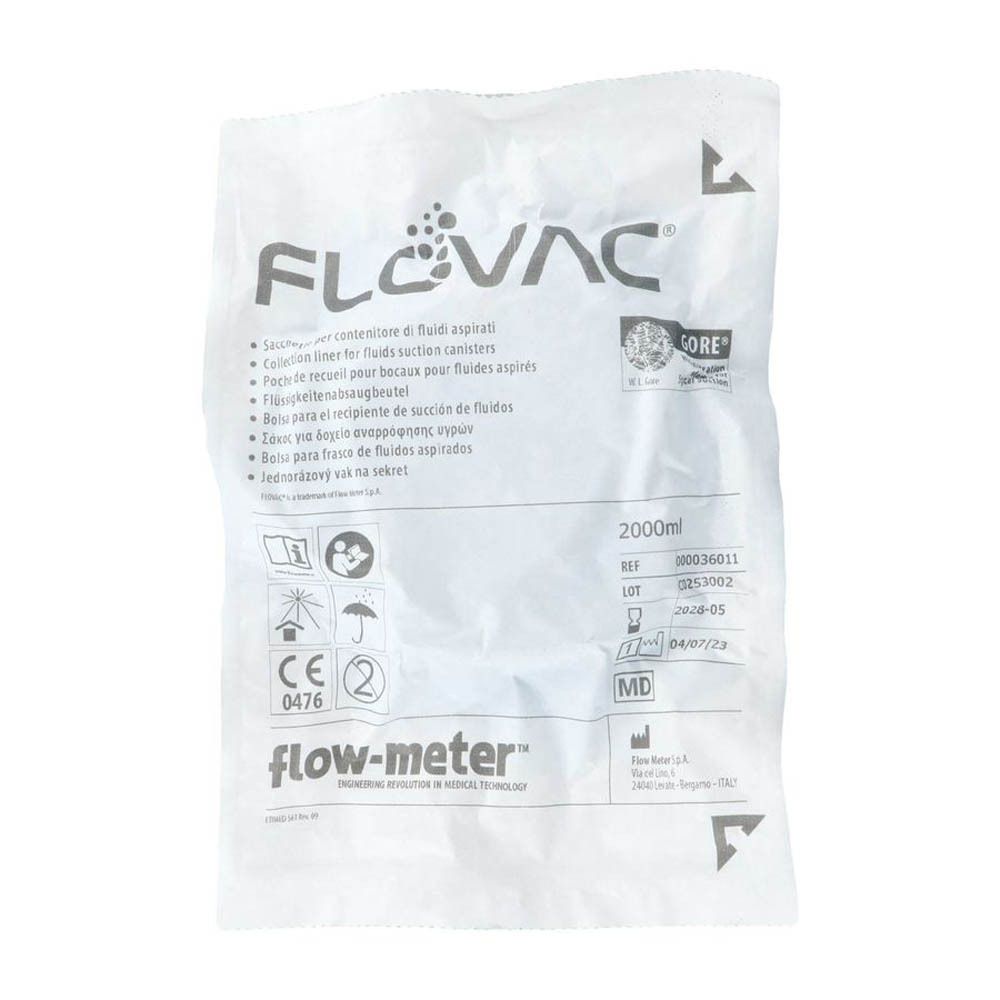 Sachet pour collecteur de fluides. Inscriptions: Flow-Meter, Flovac, 2000ml, marquage CE, Gore-Tex.
