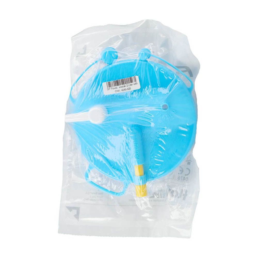 Collecteur bleu en emballage plastique. Avec poignées, tube et élément jaune. Marquage CE.