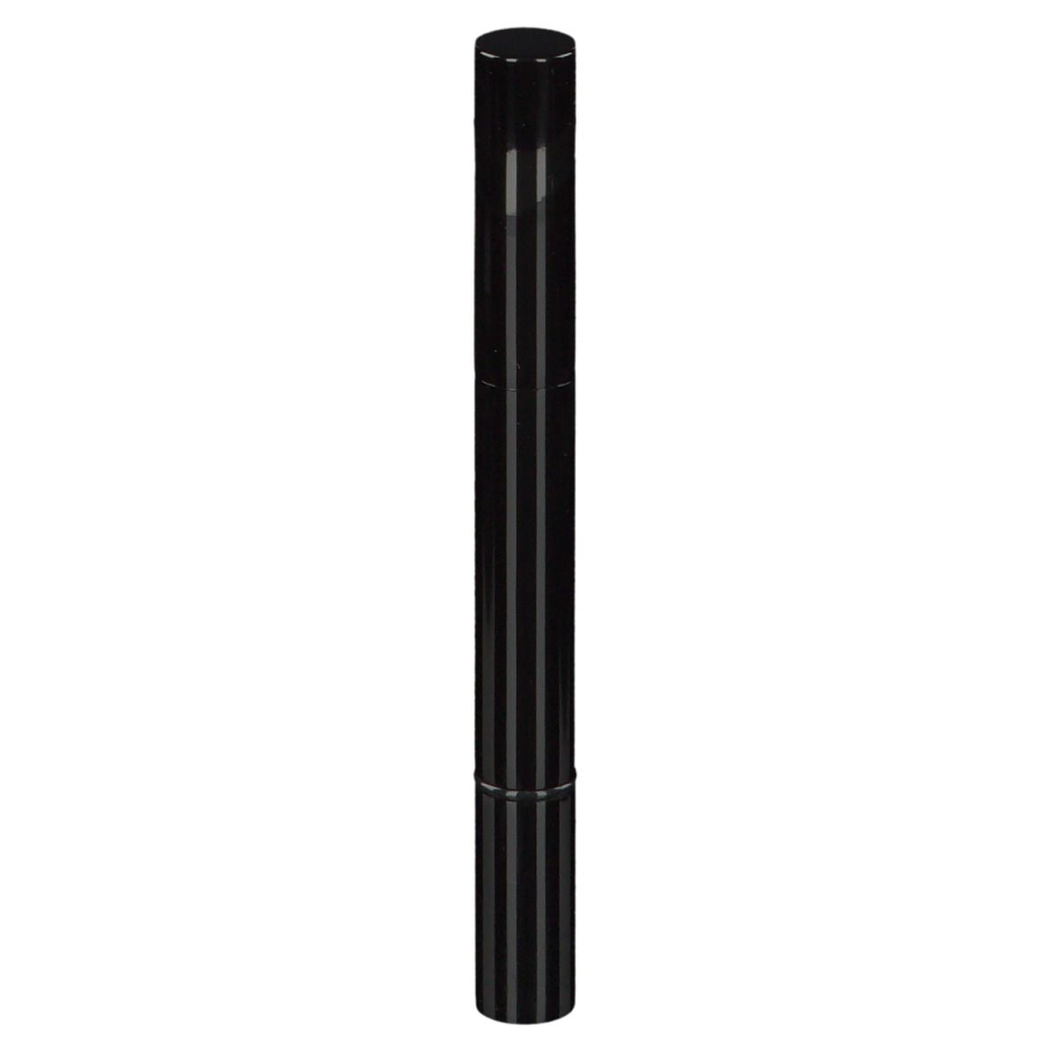 Zwarte pen met zwarte dop. Cilindrische vorm. Glanzend oppervlak.