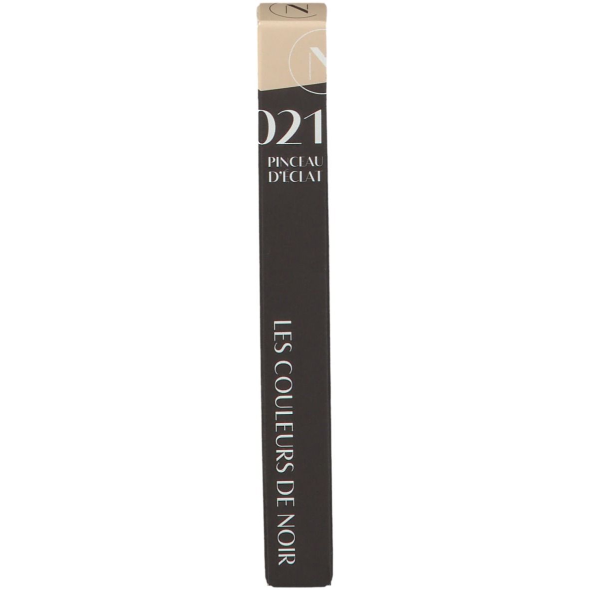 Verpakking: LES COULEURS DE NOIR, Pinceau d'Eclat 021 Naturel. Zwarte verpakking met tekst.