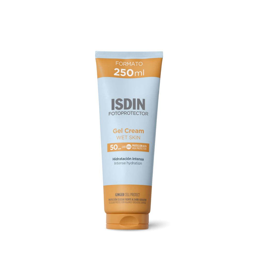 ISDIN Fotoprotector Gel Cream, 250ml. Tube met productinformatie. Voorkant. Witte achtergrond.
