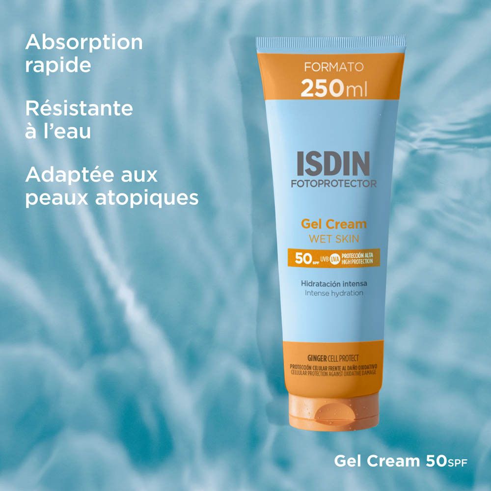 Tube de crème solaire ISDIN Fotoprotector Gel Cream, 250ml. Résistant à l'eau. Pour peaux atopiques.