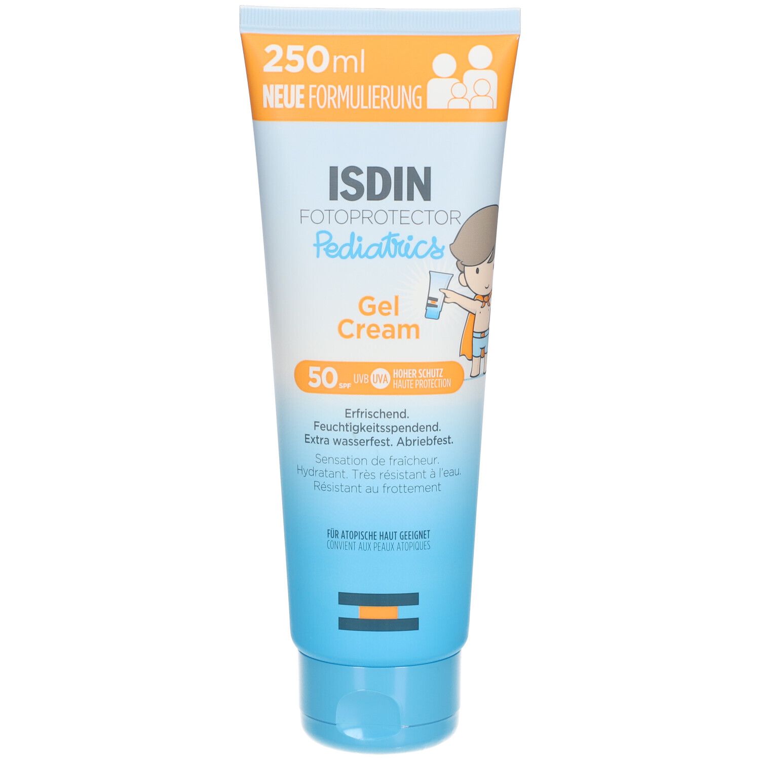 Tube ISDIN Fotoprotector Pediatrics Gel Cream SPF50+. Oranje dop, lichtblauwe body. Tekst: 250ml, Nieuwe formulering, Pediatrics, Gel Cream.