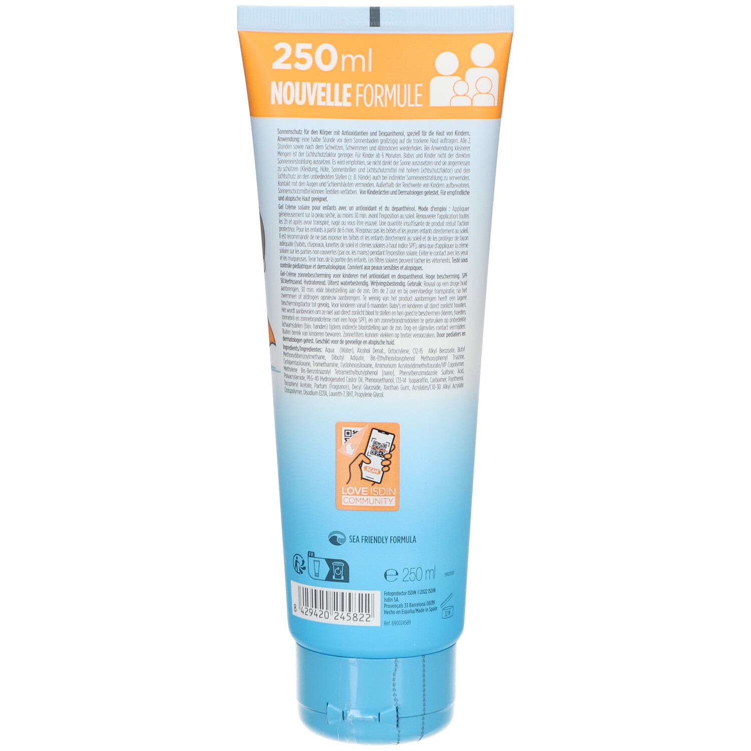 Achterkant van de tube ISDIN Fotoprotector Pediatrics. Tekst: Nouvelle Formule, Sea Friendly Formula. QR-code en barcode.