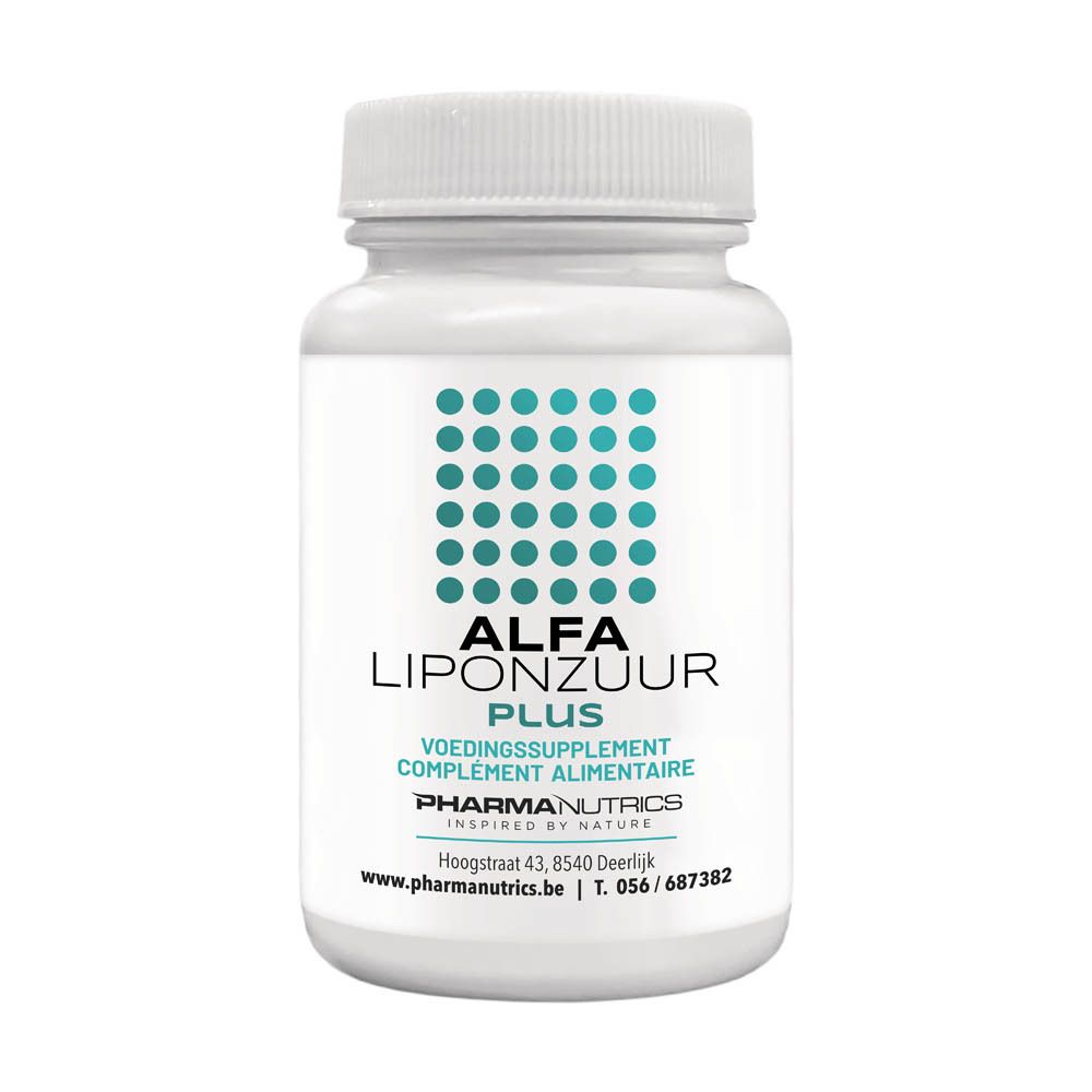 Witte fles met blauw etiket. Opschrift: Alfa Liponzuur Plus, Pharmanutrics. Klapdeksel.