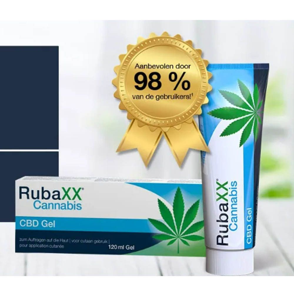 Tube, doos en onderscheiding RubaXX Cannabis CBD Gel. Onderscheiding: 98% van de gebruikers beveelt aan.