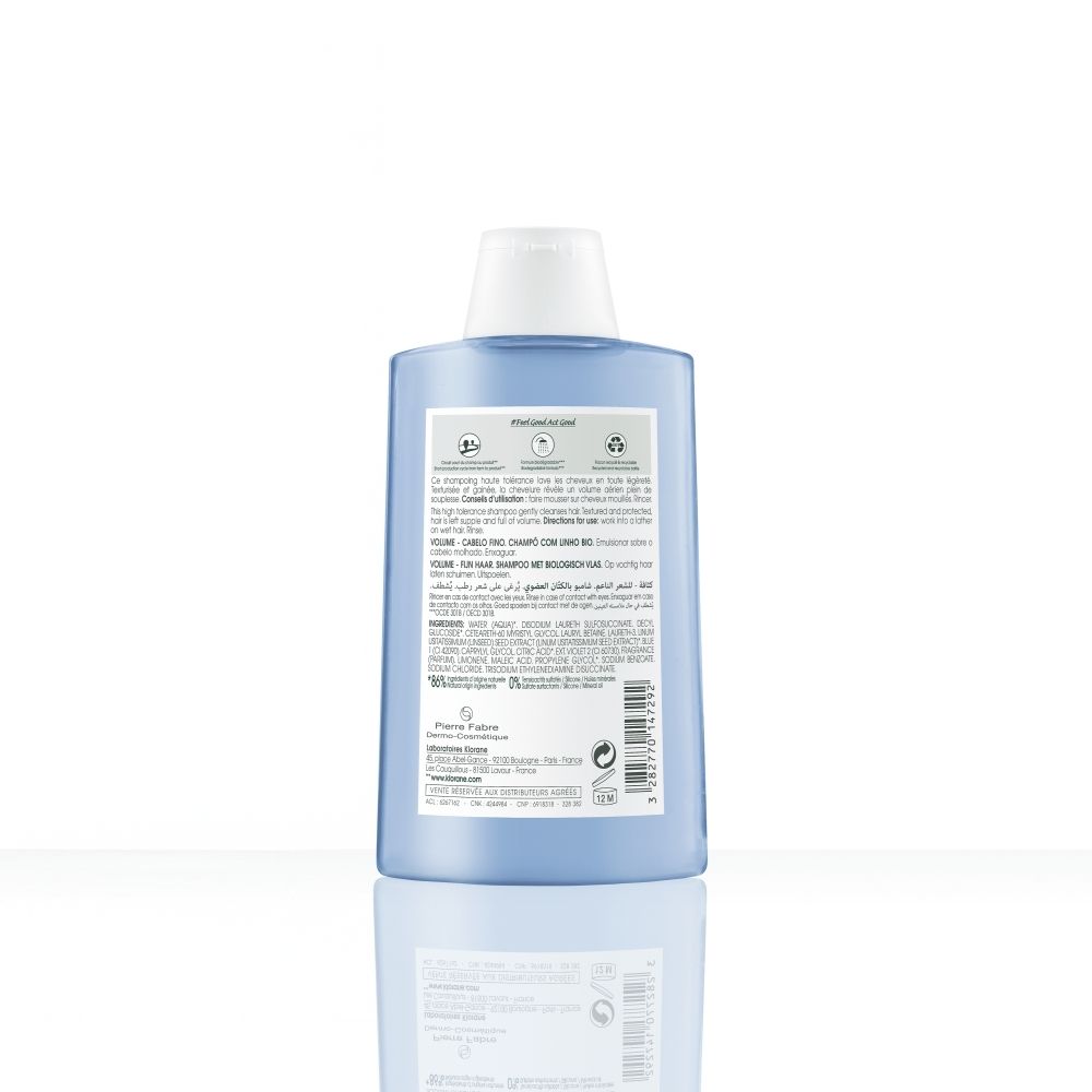 Dos de la bouteille de Shampooing Klorane BIO Lin Volume avec liste d'ingrédients et certifications environnementales.