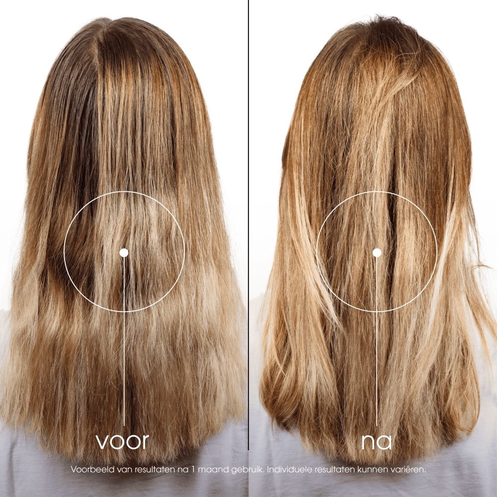Achterkant van de Klorane BIO Lijnzaad Volume Shampoo fles met ingrediëntenlijst en milieu-certificeringen.
