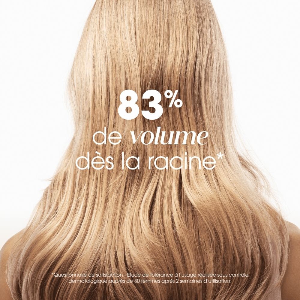 Bouteille de Shampooing Klorane BIO Lin Volume avec illustration de fleurs de lin et mention 'Volume, Shampooing gainant & volumisant'.