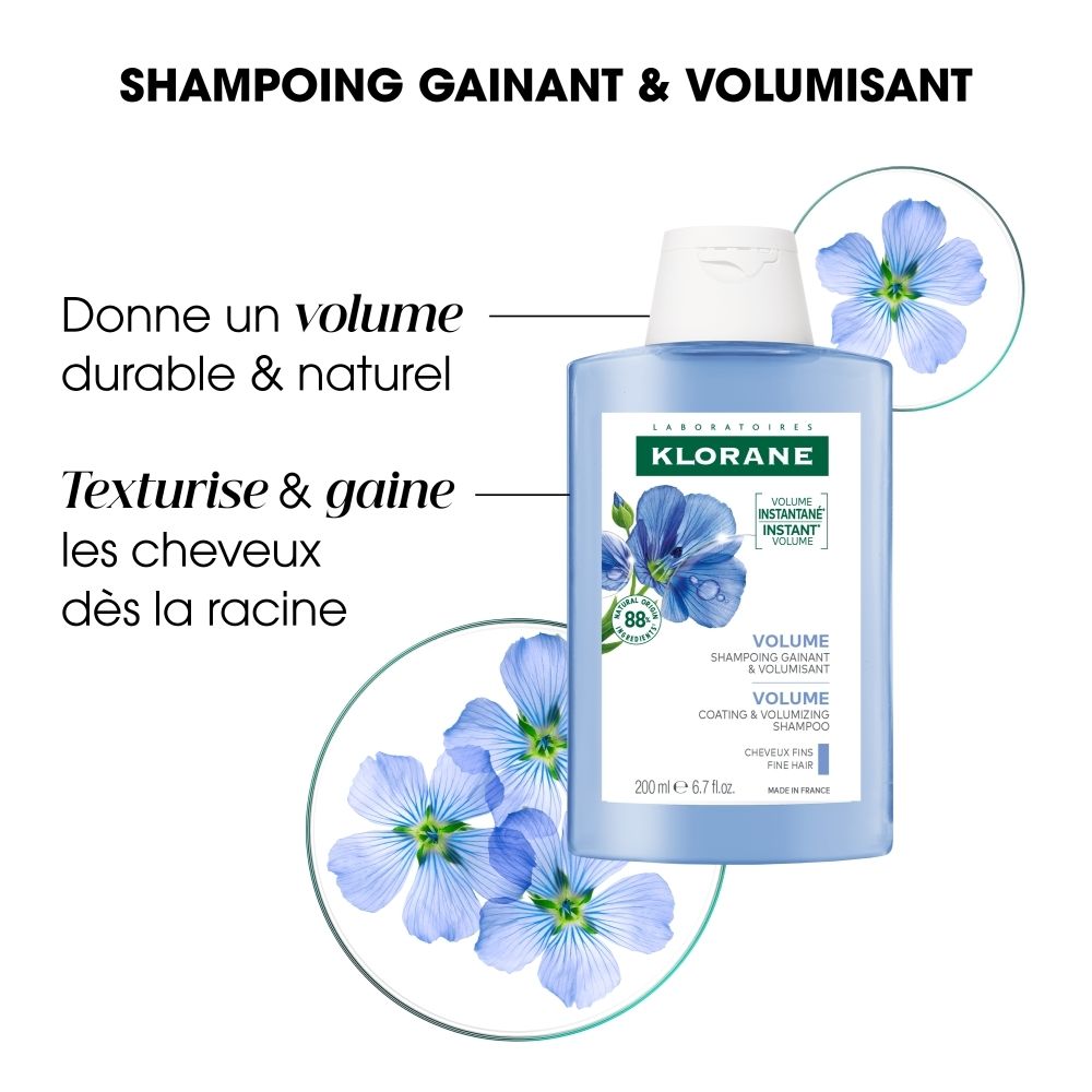 Dos de la bouteille de Shampooing Klorane BIO Lin Volume avec liste d'ingrédients et certifications environnementales.