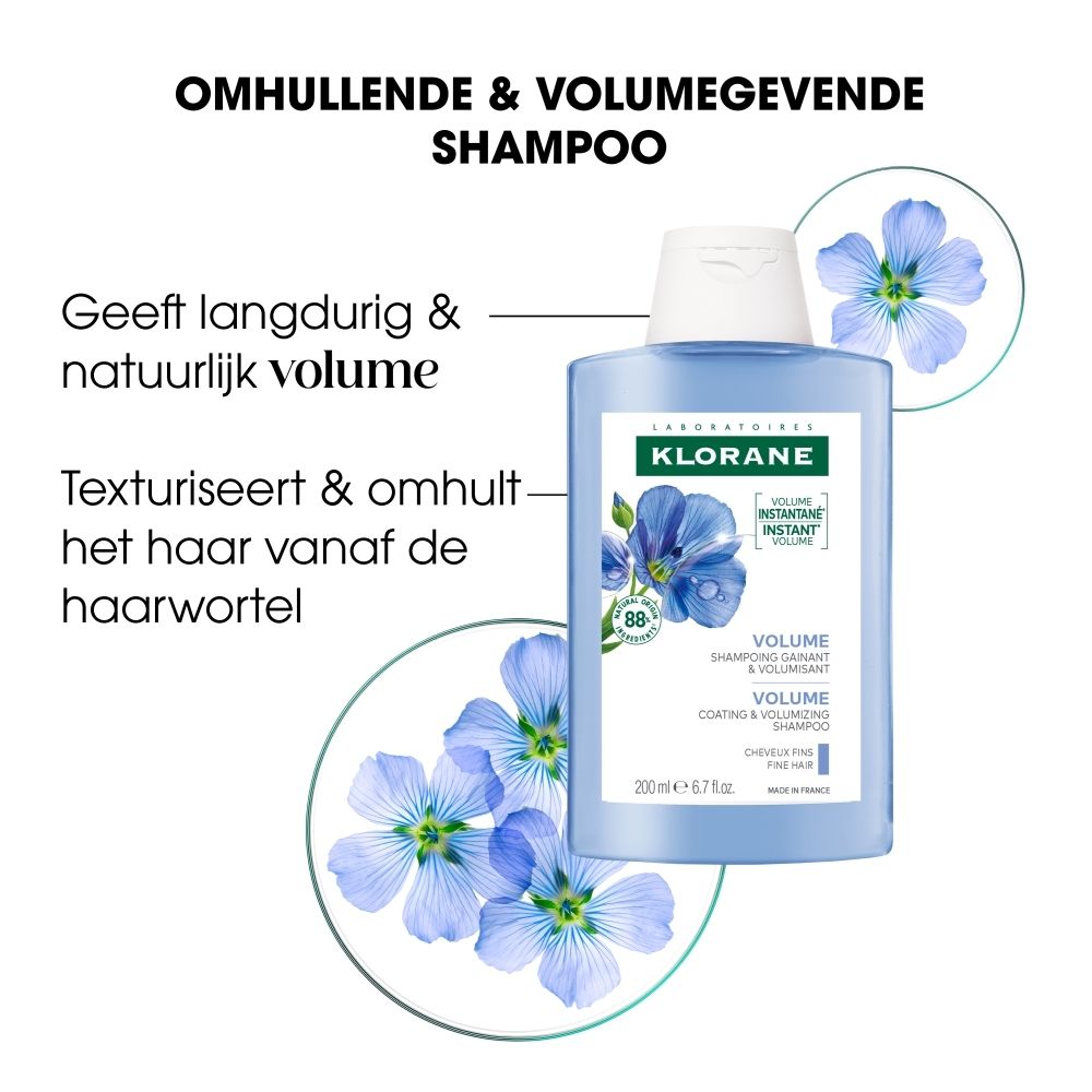 Achterkant van de Klorane BIO Lijnzaad Volume Shampoo fles met ingrediëntenlijst en milieu-certificeringen.