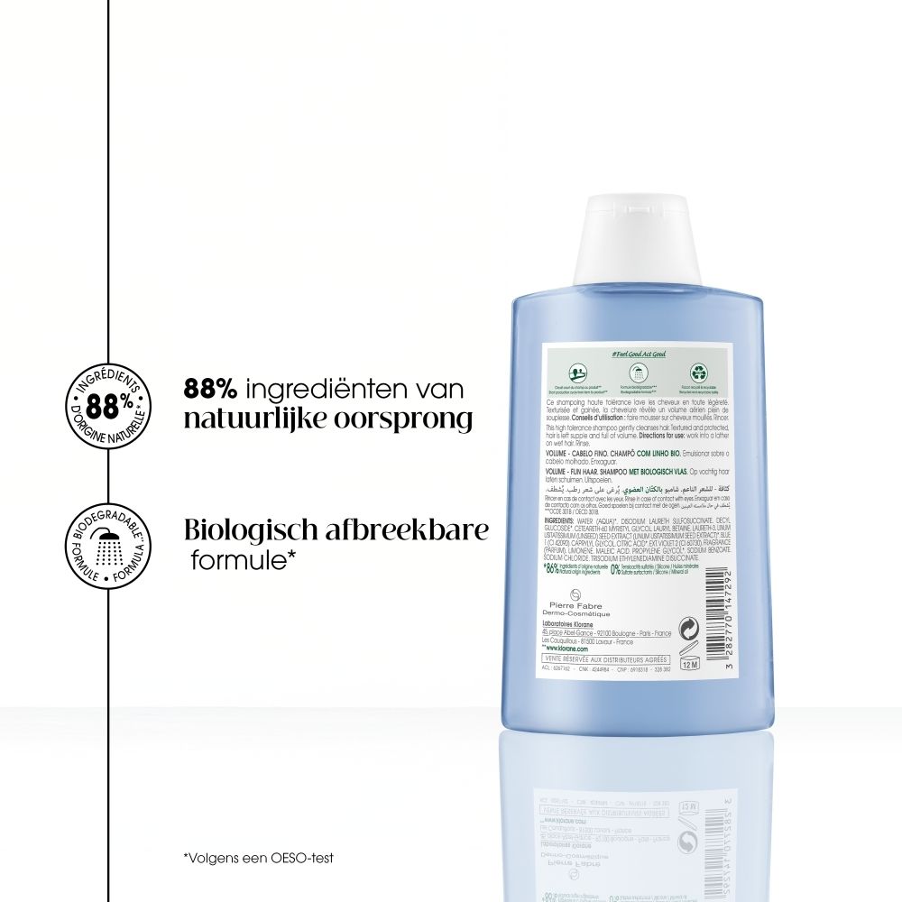 Klorane BIO Lijnzaad Volume Shampoo fles met illustratie van vlasbloemen en vermelding 'Volume, Shampooing gainant & volumisant'.