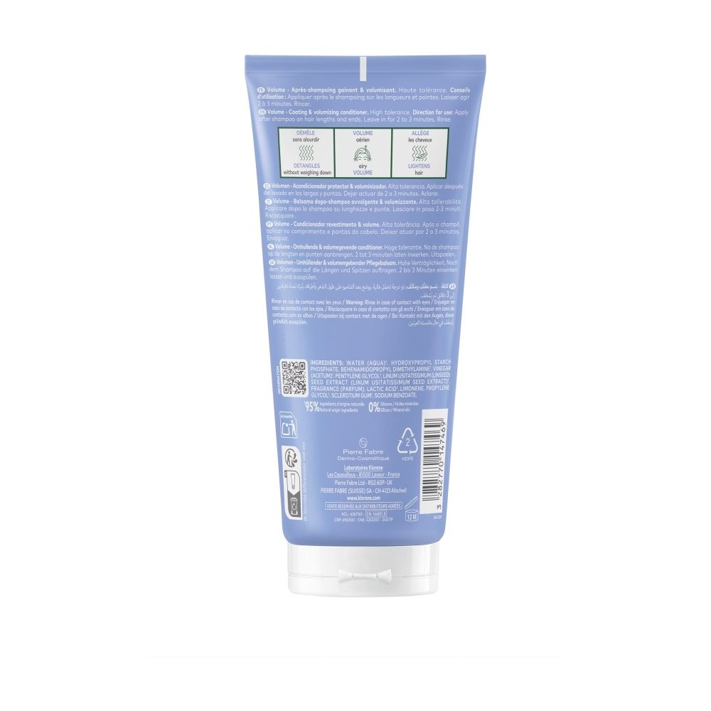 Dos de la tube KLORANE Volume Après-shampoing Gainant & Volumisant Cheveux Fins.