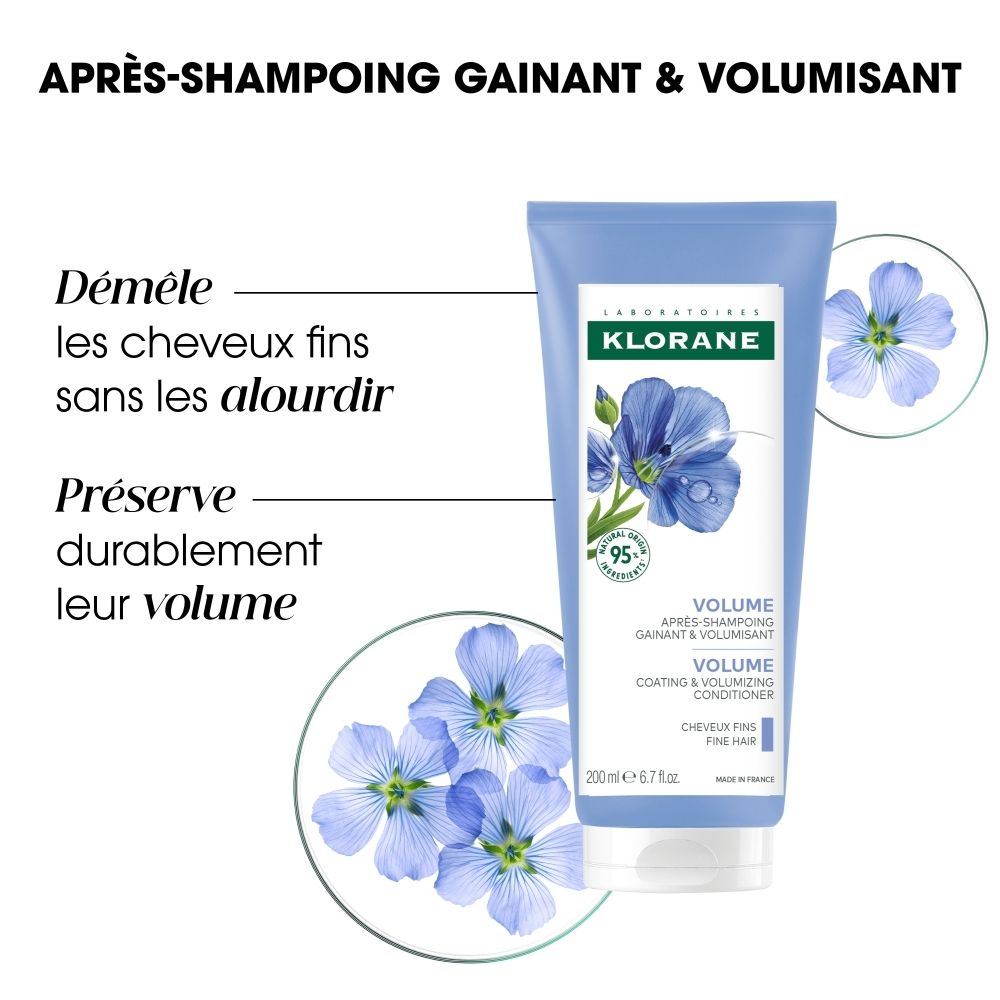 Échantillon de texture du KLORANE Volume Après-shampoing, formule ultra-légère et gélifiée.