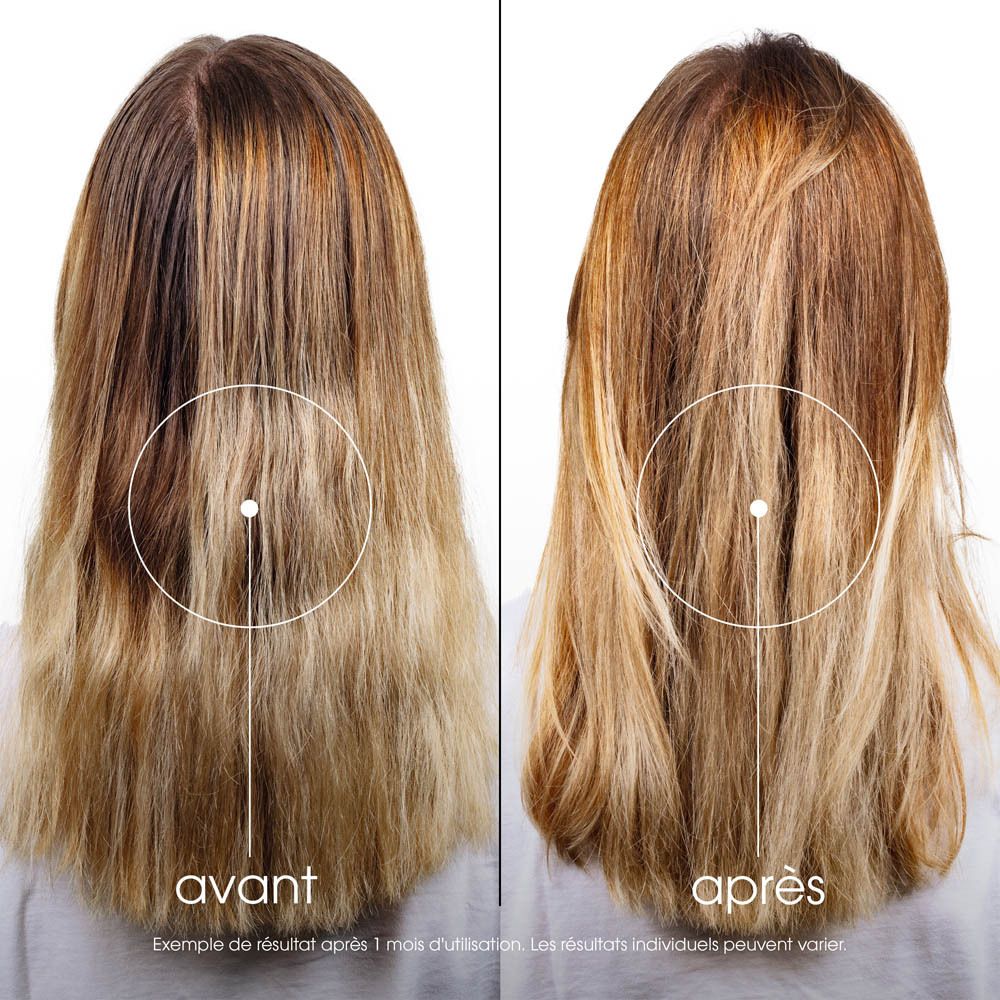 Image avant-après. Cheveux blonds. Gauche: Avant. Droite: Après. Cercles marquent les points de comparaison.
