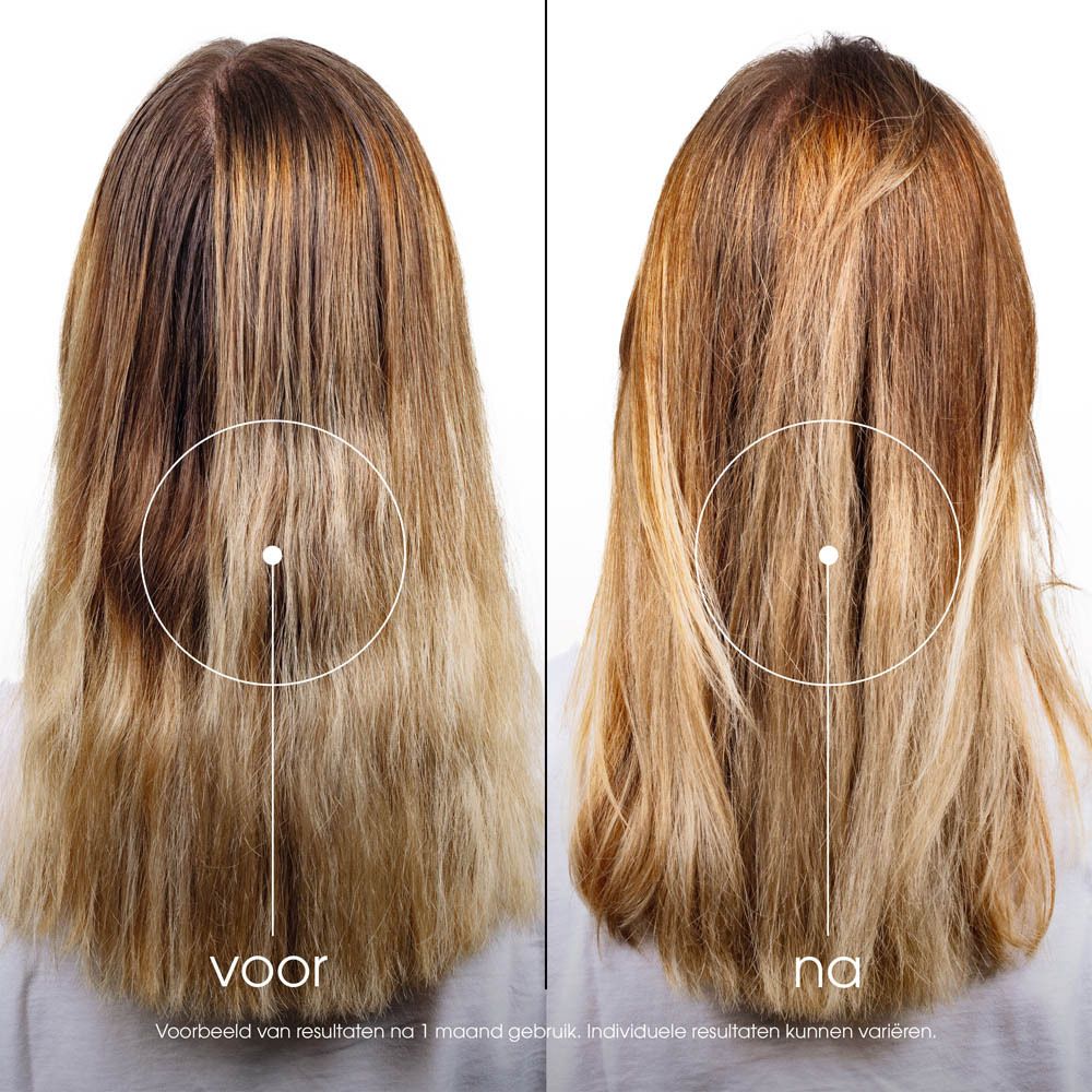 Voor-en-na foto. Blond haar. Links: Voor. Rechts: Na. Cirkels markeren de vergelijkingspunten.
