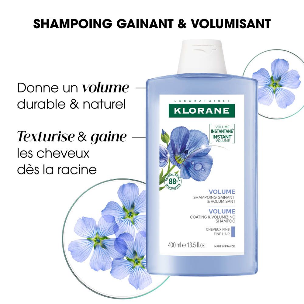 Flacon bleu Klorane Volumenshampoo Flachs. Fleurs de lin et informations produit. Bouchon blanc. 400 ml.