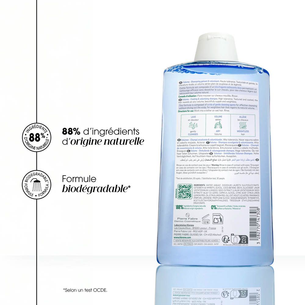 Dos du flacon Klorane Volumenshampoo Flachs. Texte, logos et informations. Liquide bleu visible.