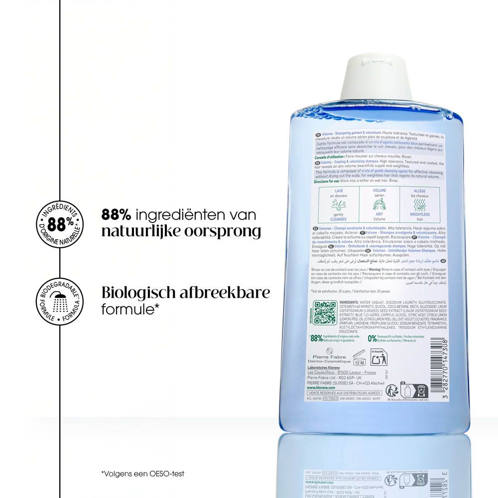 Achterkant Klorane Volumenshampoo Flachs fles. Tekst, logo's en info. Blauwe vloeistof zichtbaar.