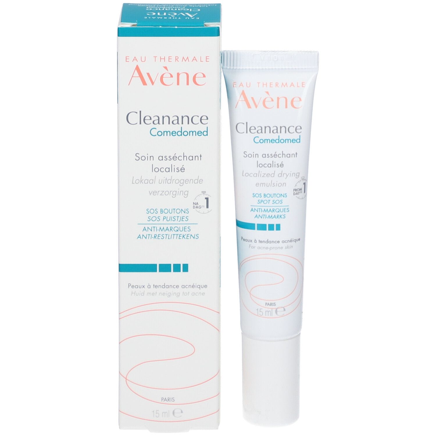 Product en verpakking naast elkaar. Witte tube en doos met productnaam en blauwe accenten.