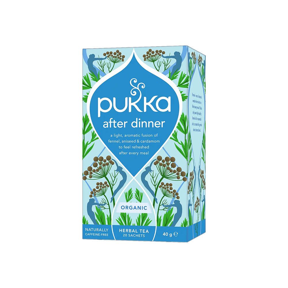 Pukka After Dinner theedoos. Blauwe doos met bloemmotief. Tekst: After Dinner, organic, 20 theezakjes.