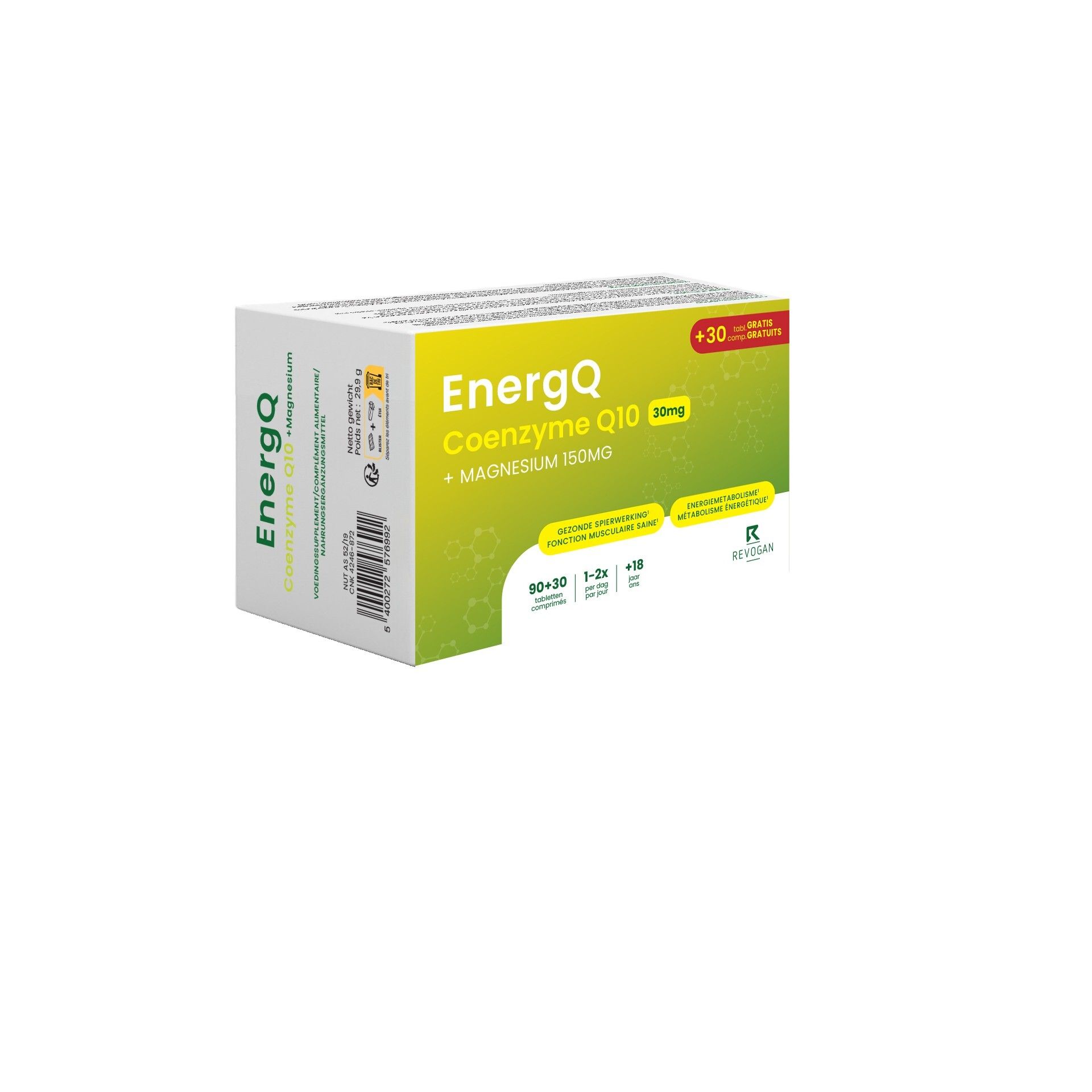 Witte doos met groene en gele accenten. Opschrift: EnergQ Co-enzym Q10 30mg + Magnesium 150mg. +30 tabletten.