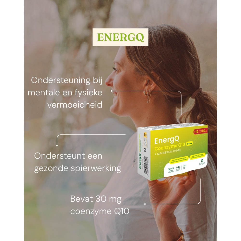 Vrouw met product. EnergQ Co-enzym Q10 30mg + Magnesium 150mg. Tekst: Ondersteuning bij mentale en fysieke vermoeidheid.