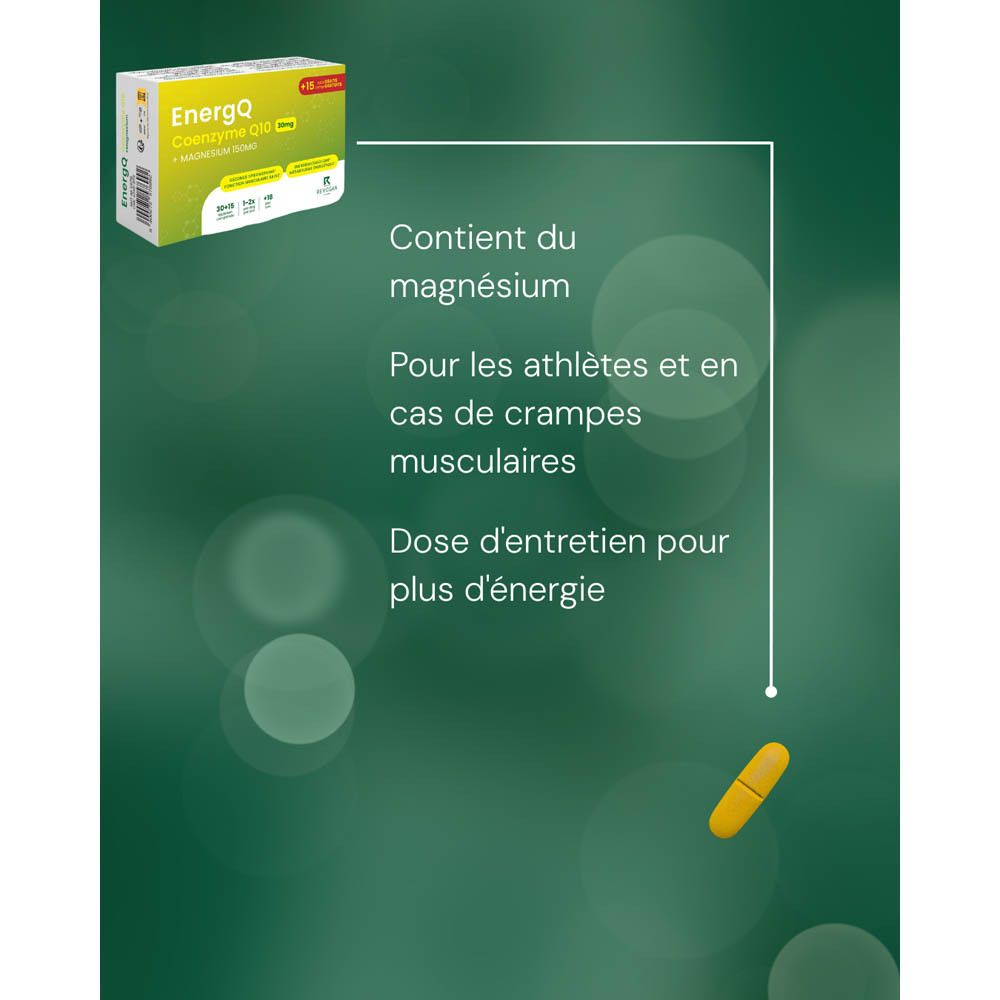 Graphique avec capsule jaune. Texte : Contient du magnésium. Pour les athlètes et en cas de crampes musculaires.